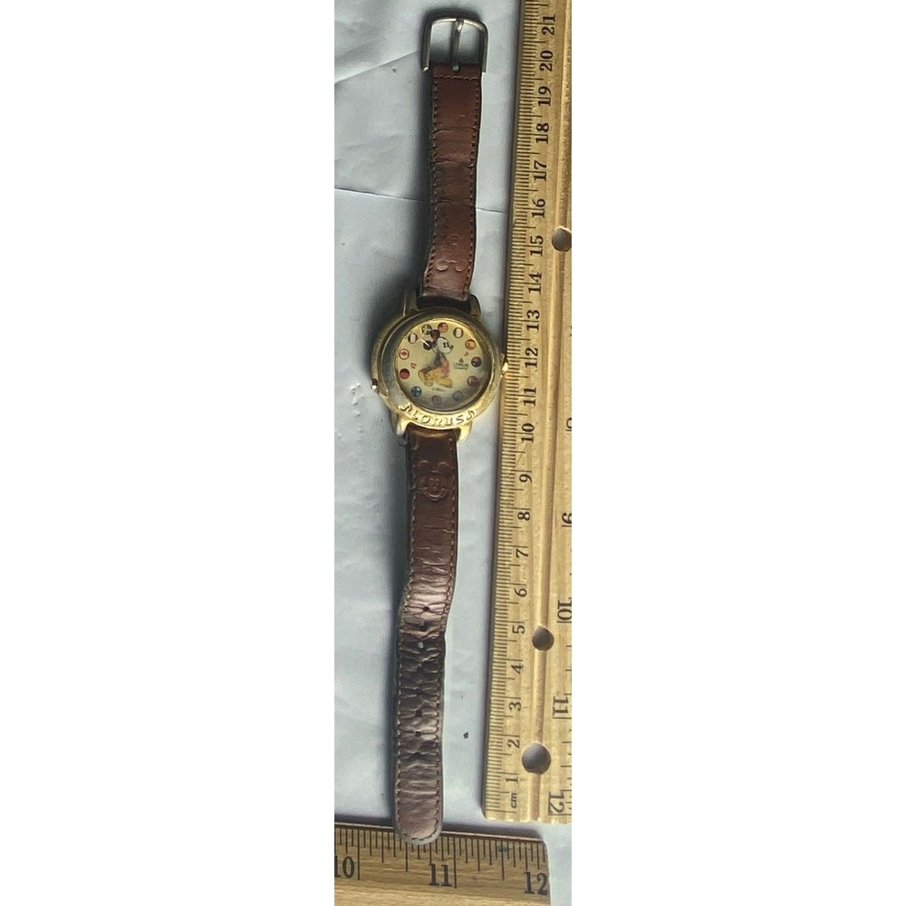 Disney Mickey‎ Mouse Gold Tone Case Brown Leather Band Quartz Watch